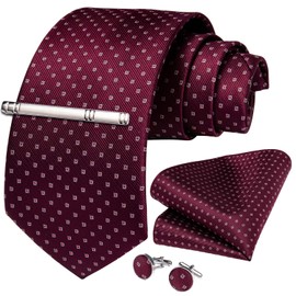 DiBanGu Men's Tie Set Silk Striped Checked Tie with Pocket Square Cufflinks Tie Clip Set for Wedding Formal, burgundy