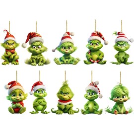Christmas Tree Ornaments Acrylic Cute Funny Green Doll Christmas Pendants Hanging for Holiday Christmas Tree Party Home Decoration Pack of 10