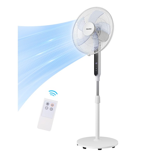 PELONIS 16" Oscillating Pedestal Stand Up Fan | Adjustable Height | Ultra Quiet DC Motor | Remote Control | 12 Speed | 12-Hour Timer | High Energy Efficiency | for Bedroom Home Office Use | White