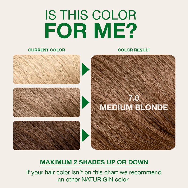 Naturigin Permanent Hair Color, 7.0 Medium Blonde, Ammonia Free, 100%