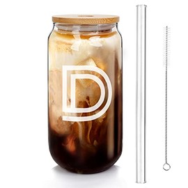 Iced Coffee Glass Cup, Letter Glass Cup, Beer Can Glass with Lids and Straw, 20OZ Can Shaped Glass Cup, Drinking Glass, Smoothie Cup, Tumbler Glass, Reusable Boba Cup Drinking Glasses -1 Set