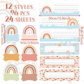 Adurself 96Pcs Boho Rainbow Cutout Name Tags Self Adhesive Classroom Name Stickers Water Bottle Labels Daycare Name Plate Stickers for Desk Classroom Teacher Back to School Baby Shower Party Favor
