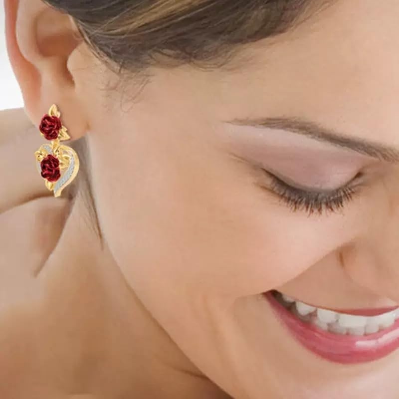 Rose Heart Dangle Earrings, Gold Tone with Red Rose and
