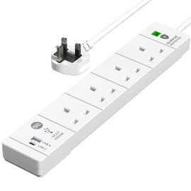 SLx Extension Lead 1m 4 Way Gang Surge Protected Power Strip with USB A & USB C PD20W fast Charging Port LED Indicator 3 Pin Sockets Wall Mountable Extension Cord for Home, Office or Garage White