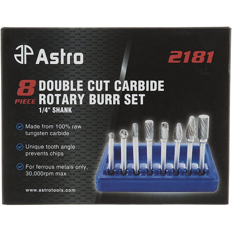 Astro Pneumatic Tool 2181 8-Piece Double Cut Carbide Rotary Burr