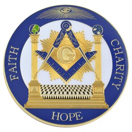 Square & Compass with Columns Faith Hope Charity Masonic Auto Emblem - [Blue & Gold][3'' Diameter]