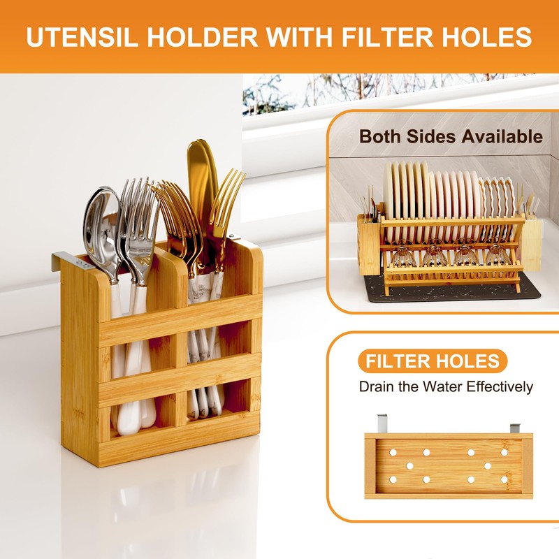 Greenual Bamboo Dish Drying Rack with Utensil Holder, 2 Tier