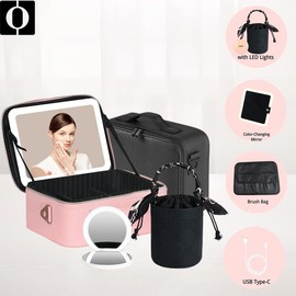 O Portable Travel Makeup Case with LED Mirror featuring 3-Color Adjustable LED Lighting & Dividers, Perfect for Maintaining Your Makeup Anytime, Anywhere - Multi-Colored Makeup Bags - Color: Pink, szie: 12 Inch