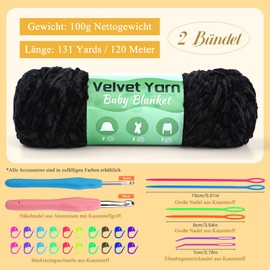 Baby Blanket Yarn 2 x 100g Velvet Wool Chenille Yarn with Crochet Hooks and Accessories for Knitting Fancy Yarns and Pattern Knitting Creations