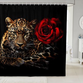 Rose Cheetah Waterproof Shower Curtains Leopard Print Bathroom Shower Curtain For Kids Boys Girls Romantic Red Rose Floral Shower Curtain with Hooks 3D Animal Bath Bathtub Decor Curtains 72x72 Inch