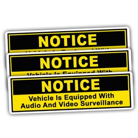 3pcs Notice Vehicle is Equipped with Audio and Video Surveillance Yellow Stickers For Car, Truck Vinyl Water-resistant Stickers Size 5x1.5in