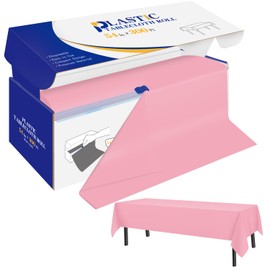 YSYJ Pink Plastic Tablecloth Roll - Disposable 54" x 300 Ft Plastic Table Cover with Slide Cutter for Parties