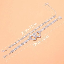 Prosy 2 x Double Layer Beach Rhinestone Anklets Crystal Ankle Love Heart Summer Foot Jewellery Accessories for Women and Girls, Metal