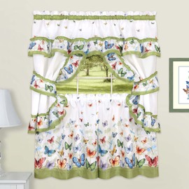 ACHIM Printed Cottage Window Curtain Set - 57 Inch Width, 36 Inch Length - Green Butterflies - Polyester Soft Window Treatment Include Valance, Attached Swaggers, Tiebacks & Two Tiers Home Decor