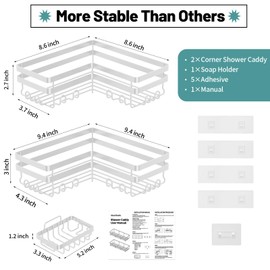 StorageRight Corner Shower Caddy, 3 Pack Adhesive Bathroom Accessories with Soap Holder, Storage Stainless Shower Organizer Shelf with Hooks, No Drilling Shower Shelves for Bathroom(White, X-Large)