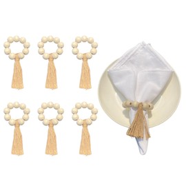 TOKATAN Rustic Wooden Bead Napkin Rings Set of 6, Stylish Table Décor, Handcrafted Boho Farmhouse Beaded Design, Twine & Tassel, Cedar Wood, Ideal for Rustic, Vintage, Inspired Homes, Christmas