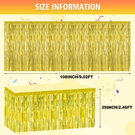 Bouiexye 2 Pack 29.5x108 Inch Gold Foil Tinsel Fringe Table Skirts, Disposable Table Skirts for Rectangle Tables Curtains Backdrop Parade Wedding Floats Baby Shower Birthday Mardi Gras Party
