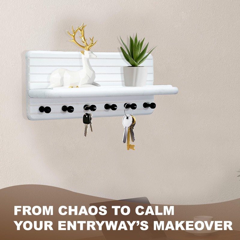 Jemyxhw Key Rack with Shelf and 6 Hooks, Wooden Key