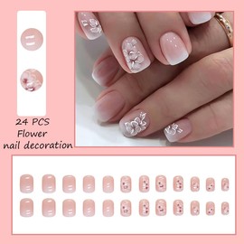 24 Pcs Floral Press On Nails - Short, Square, White, Pink Gradient Acrylic - Spring Flowers Pattern - Full Cover False Nails - Glue On, Reusable