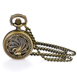 JewelryWe Father's Day Gift Pocket Watch Men's Retro Royal Flush / Compass / Flowers / Bell / Motorcycle Chain Watch Analogue Quartz Watch Pendant with Necklace Chain Bronze Gift for Men, Peacocks -