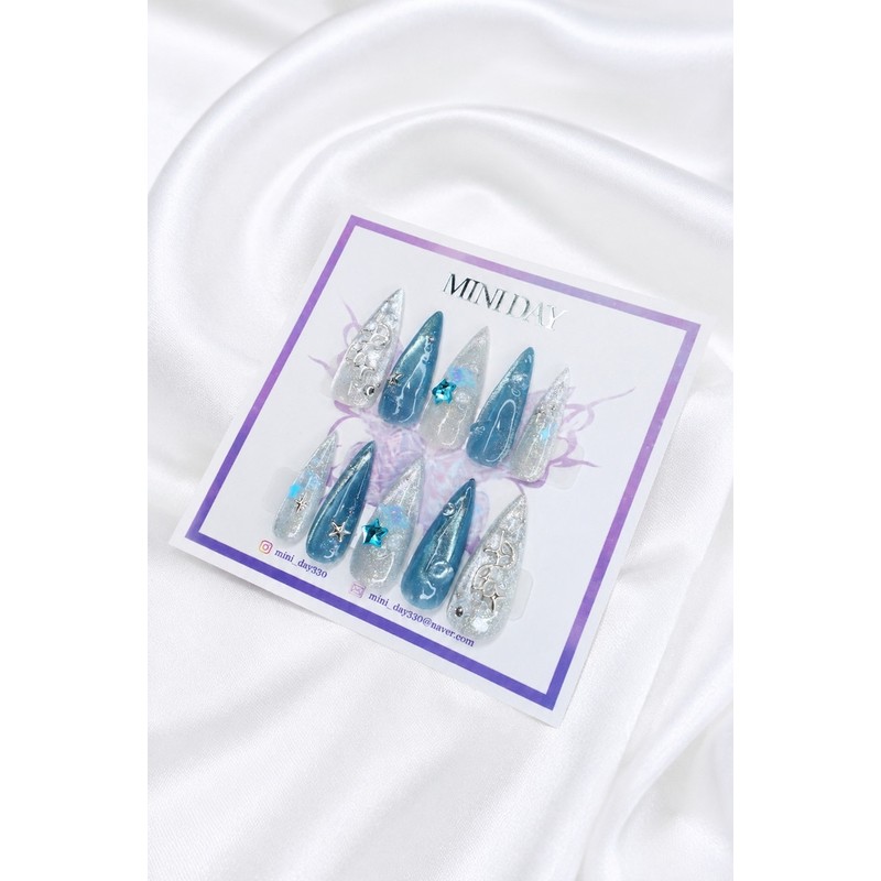 Silver Star Aqua Handmade Nail Tips - Long Stiletto /