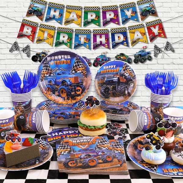 Miucat Monster Truck Birthday Decorations Serves 24 Guests, Machines Jam
