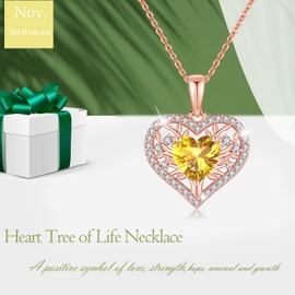LAVUMO Tree of Life Heart Necklace Women's 925 Sterling Silver Birthstone Pendant Necklaces Birthday Gift for Women Girlfriend Mum Valentine's Day Mother's Day Christmas, Cubic Zirconia, Cubic