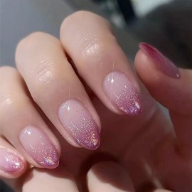 Short Press on Nails Almond Fake Nails with Glitter Designs Glue on Nails Purple Gradient Nails Press ons Acrylic False Nails Almond Short Artificial Stick on Nails for Women Girls 24Pcs
