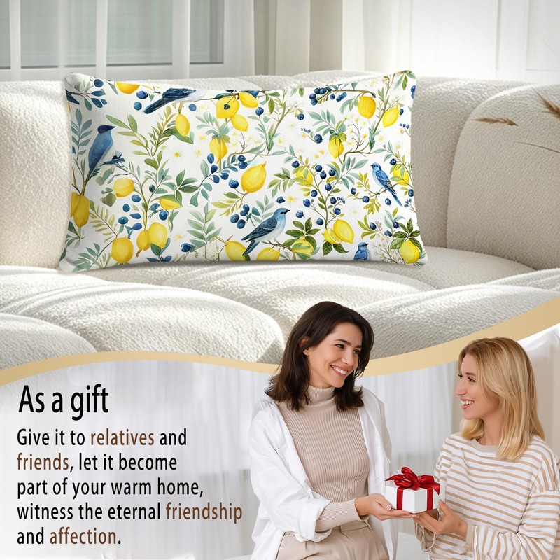 Qykwz Farmhouse Lemon Blue Bird Lumbar Pillow Cover 12x20
