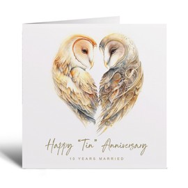 Postcard Prints - 10th Anniversary Card Tin Anniversary - Owl Design for Husband or Wife - Celebrate 10 Years - 300gsm Matte Finish - Square 5.5x5.5 Inch Card