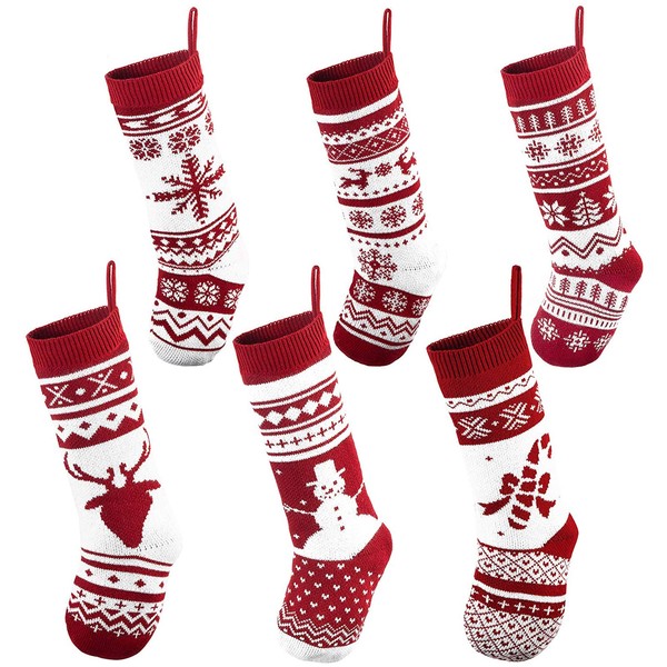 6 Pack 45cm Knit Christmas Stockings, Large Rustic Yarn Xmas Stockings for Family Holiday Decorations