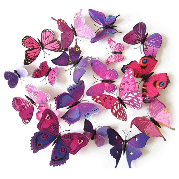 TRIXES 3D Butterflies Purple Pink - 3D - Pack of 12 - Stick On Wall Magnetic Decoration Butterfly Wall Stickers - Colourful Home Bedroom Lounge Accessory