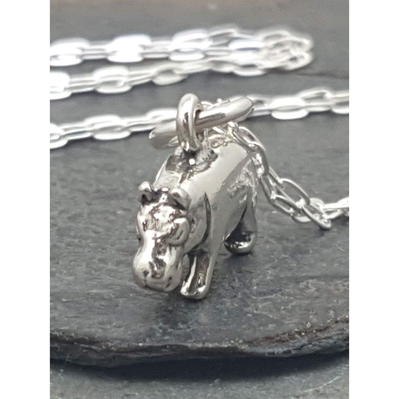 Sterling Silver Hippo Hippopotamus 3D Charm Necklace, 18"