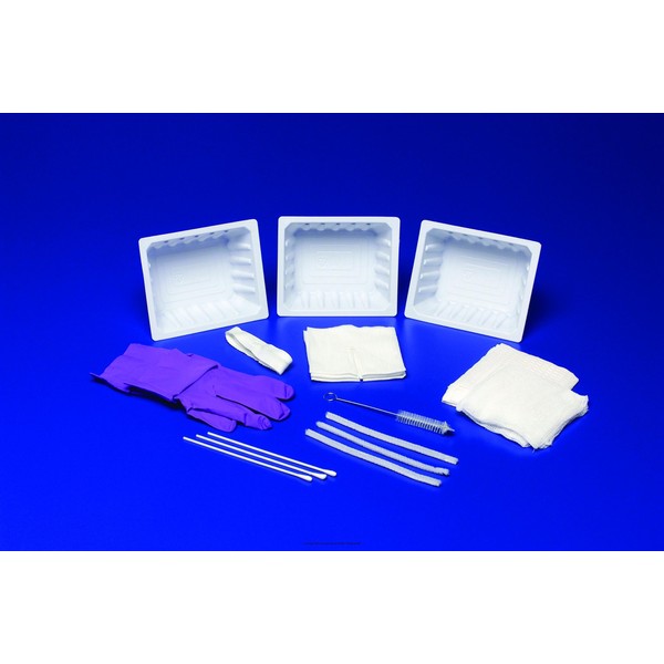 Tracheostomy Care Trays-Description: Trach Care Tray Includes: (2) SAFESKIN PURPLE NITRILE gloves, CSR wrap, (3) solution basins, 6" trach brush, drape, (4) 4x4 gauze sponges, (3) pipe cleaners, (3) 4x4 nonwoven trach dressings, 30" twill tape, and (3) 6"