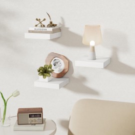 Fun Memories Small Floating Shelves for Wall - 8 Inch Square Wall Shelves with Invisible Brackets, White Shelves for Bathroom, Living Room, Bedroom, and Kitchen Decor, Set of 3