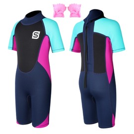 Summshall Kids Wetsuit with Arm Bands 2.5mm Shorty One Piece Child Wetsuits UV Protection Back Zip Thermal Swimsuits for Boys Girls Keep Warm Stretch Diving Suit for Water Sport