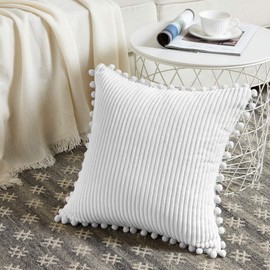 Fancy Homi Set of 2 White Decorative Throw Pillow Covers 12x12 Inch with Pom-poms for Couch Bed Sofa, Modern Farmhouse Boho Home Decor, Soft Plush Corduroy Cute Cushion Case 30x30 cm