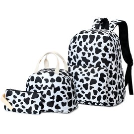 Yusudan Cow Print Girls School Backpack Set, Kids Teens School Bag Bookbag with Lunch Bag Pencil Bag