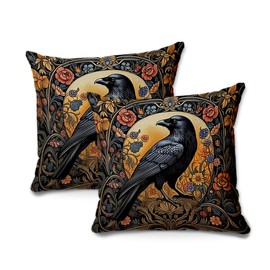 BQXH 2 Pcs Dark Aesthetic Raven Throw Pillow Covers 18x18 Inch, Artistic Floral Throw Pillows Square Cushion Covers, Stylish Decorative Pillows for Couch Sofa Living Room Bedroom, Raven Gifts