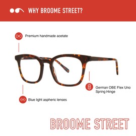 Scojo New York Broome Street Blue Light Reading Glasses, Handmade Scratch Resistant Readers for Women and Men, Tortoise - 1.25x