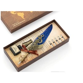 Steampunk Feather Quill Fountain Pen Set with Wing Design, 3 Colors, Vintage Style,Quill Pen and Ink Set Fountain Pen Case Luxury Pen Feathers Vintage Founding Fathers Pen (Blue)