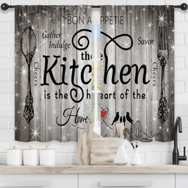 Riyidecor Retro Farmhouse Kitchen Curtains Short Small Rustic Country Fork and Spoon Black Grey Wooden Stars Sparkle Rod Pocket Vintage Bedroom Living Room Treatment Fabric 2 Panels 27.5Wx39H Inch