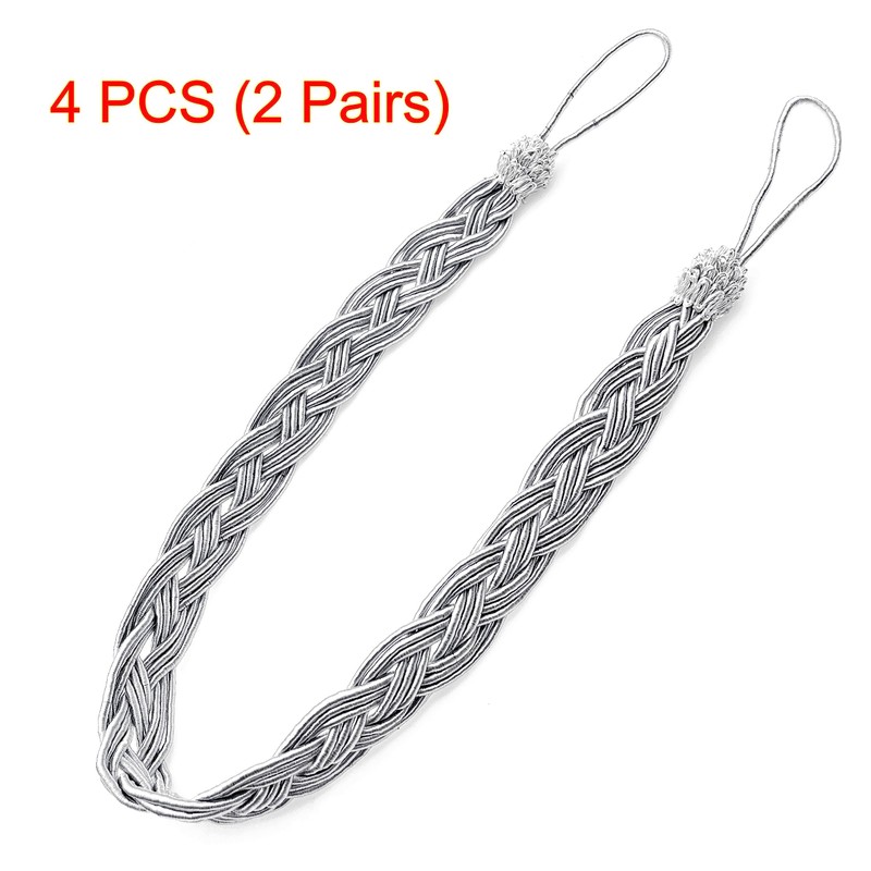 JZK 2 Pairs Silver grey tiebacks for curtains, braided curtain