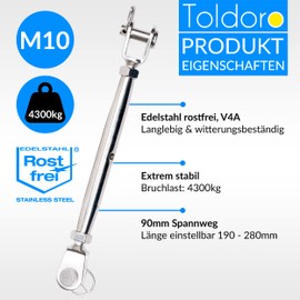 Toldoro Pack of 2 M10 Turnbuckles Stainless Steel V4A / Awning Tensioner, Turnbuckle, Cable Tensioner, Wire Tensioner Fork as Awning Accessories/Closed Shape