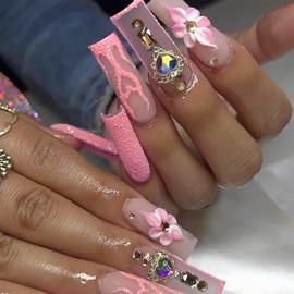 MISUD Press on Nails - Long Square Glue on Nails with Pink, Acrylic Bling Glitter Rhinestone Design 24 pcs