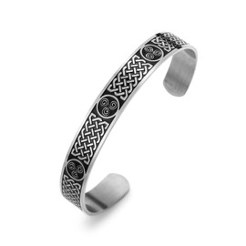 kkjoy Vintage Celtic Knot Triskele Spiral Bracelet Stainless Steel Viking Irish Triple Spiral Cuff Bangle Wristband Amulet Jewelry for Women Men (Silver)