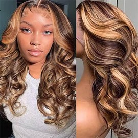 Devonia 14 Inch Highlight Ombre Lace Front Wigs Human Hair Honey Blonde 13x4 HD Body Wave Lace Front Wigs Human Hair Pre Plucked 180 Density Highlighted Wig for Women
