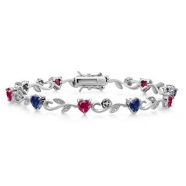 Gem Stone King 925 Sterling Silver Heart Shape Blue Created Sapphire Red Created Ruby and Round White Lab Grown Diamond Greek Vine Flower Tennis Bracelet For Women (5.54 Cttw, 7.5 Inch)