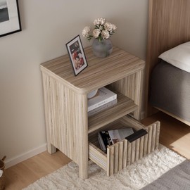 Kogven Night Stand Nightstand with Drawer Storage, Large Modern Wood Bed Side Table with Fluted Panel, Mid Century Farmhouse Sofa Couch End Table for Bedroom, Living Room, Home Office,Nature Wood