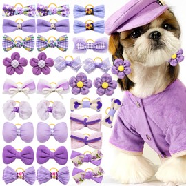 Mruq pet 20pc Purple Small Dog Hair Bows with Rubber Bands, Bulk Puppy Dog Hair Bows, Mix Handmade Cute Dog Gooming Flower Ball Bows for Holiday Daily Yorkie Dog Hair Accessories